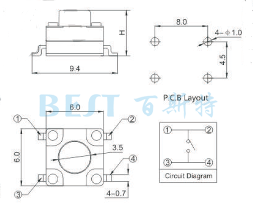 輕觸開(kāi)關(guān)TS-1109KW參考圖紙 輕觸開(kāi)關(guān)TS-1109KW參考圖紙
